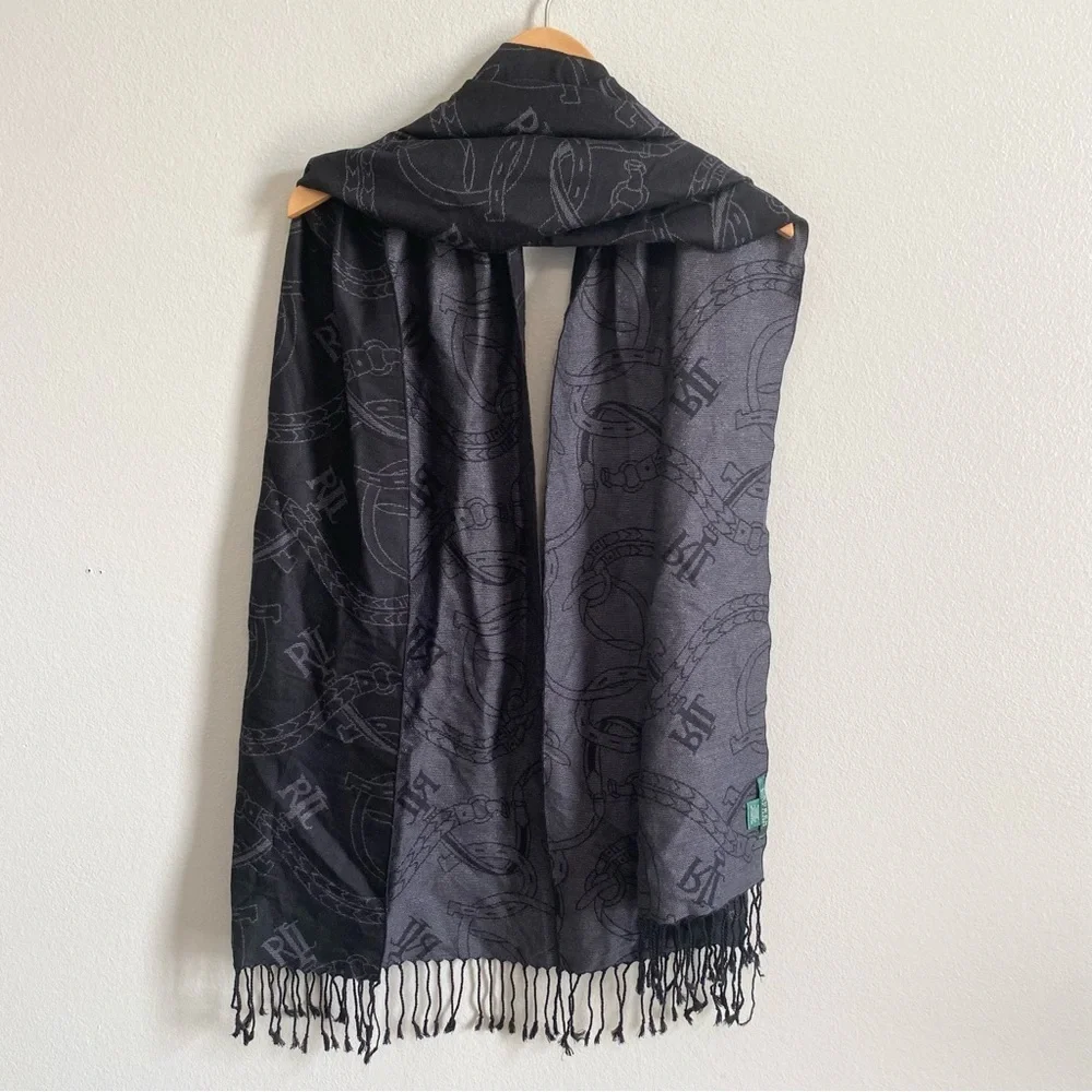 Lauren Ralph Lauren Black and Gray Equestrian Logo Knit Scarf
